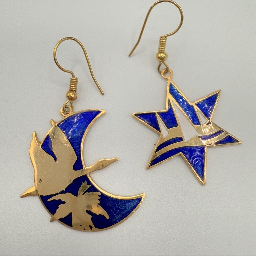 Vintage Cloisonne Blue and Gold Star and Moon Earrings